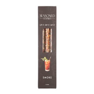 May include: A box of six "Seasoned Straws" in the flavor "Smoke". The box is brown with a picture of a Bloody Mary cocktail and the text "Lip it. Dip it. Sip it." The box is labeled "Seasoned Straws" and "Smoke".