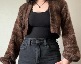 Brown cropped cardigan  with puffy sleeve