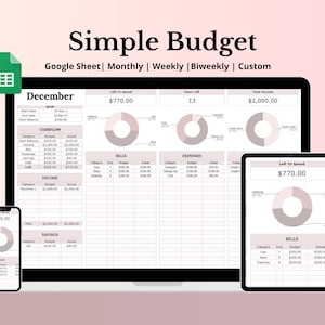 Pode incluir: Uma captura de tela de um modelo de orçamento do Google Sheet com um fundo rosa. O modelo é intitulado "Simple Budget" e inclui seções para fluxo de caixa, contas, despesas, economias e rendimentos. O modelo é projetado para orçamentos mensais, semanais, quinzenais ou personalizados.