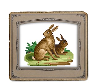 Two brown bunny rabbits - cross stitch pattern. Instant download PDF