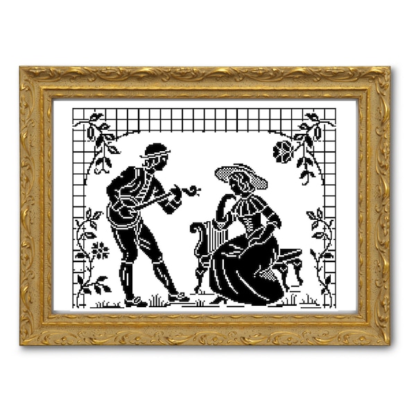 Courting -  cross stitch pattern, filet crochet pattern. Instant download PDF.