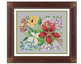 Colorful bouquet.  Cross stitch pattern. Instant download PDF.