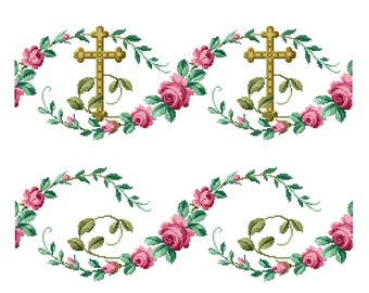 Cross and roses. Repetitive border designs. Cross stitch pattern. Instant download PDF.