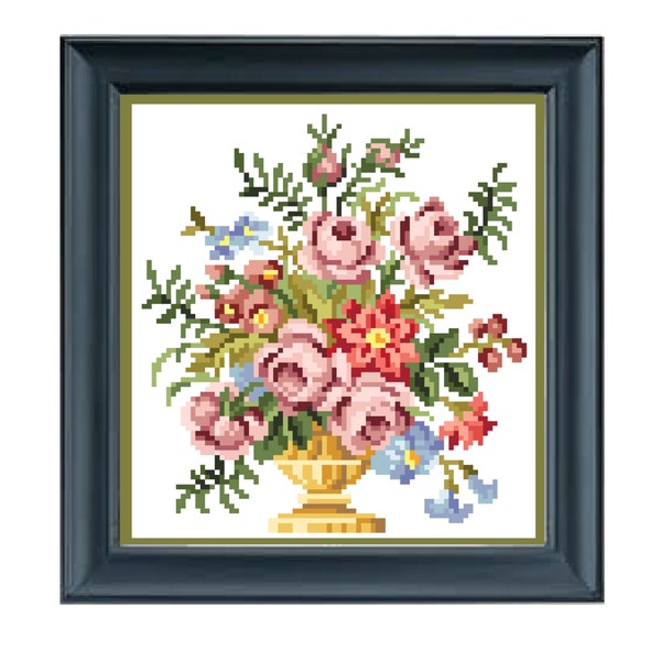 Rose vase.  Cross stitch pattern. Instant download PDF.