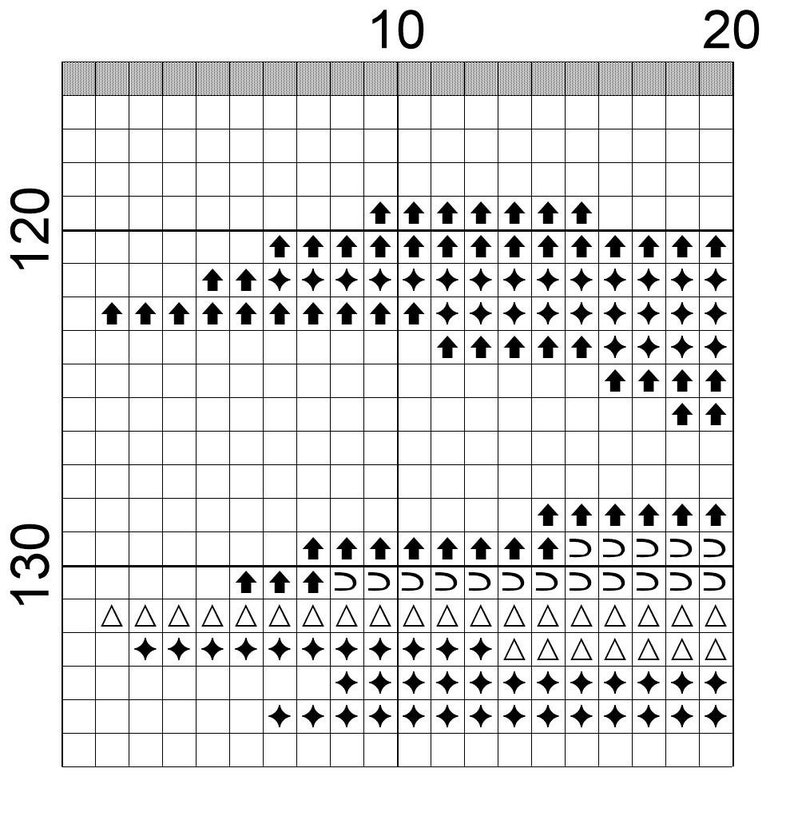 May include: Black and white cross stitch pattern with arrows, diamonds, and triangles. The pattern is on a white grid background.