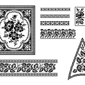 May include: Black and white floral embroidery designs. The designs include a square frame with a floral pattern, a border with leaves and flowers, a triangle with a floral pattern, and three different borders.
