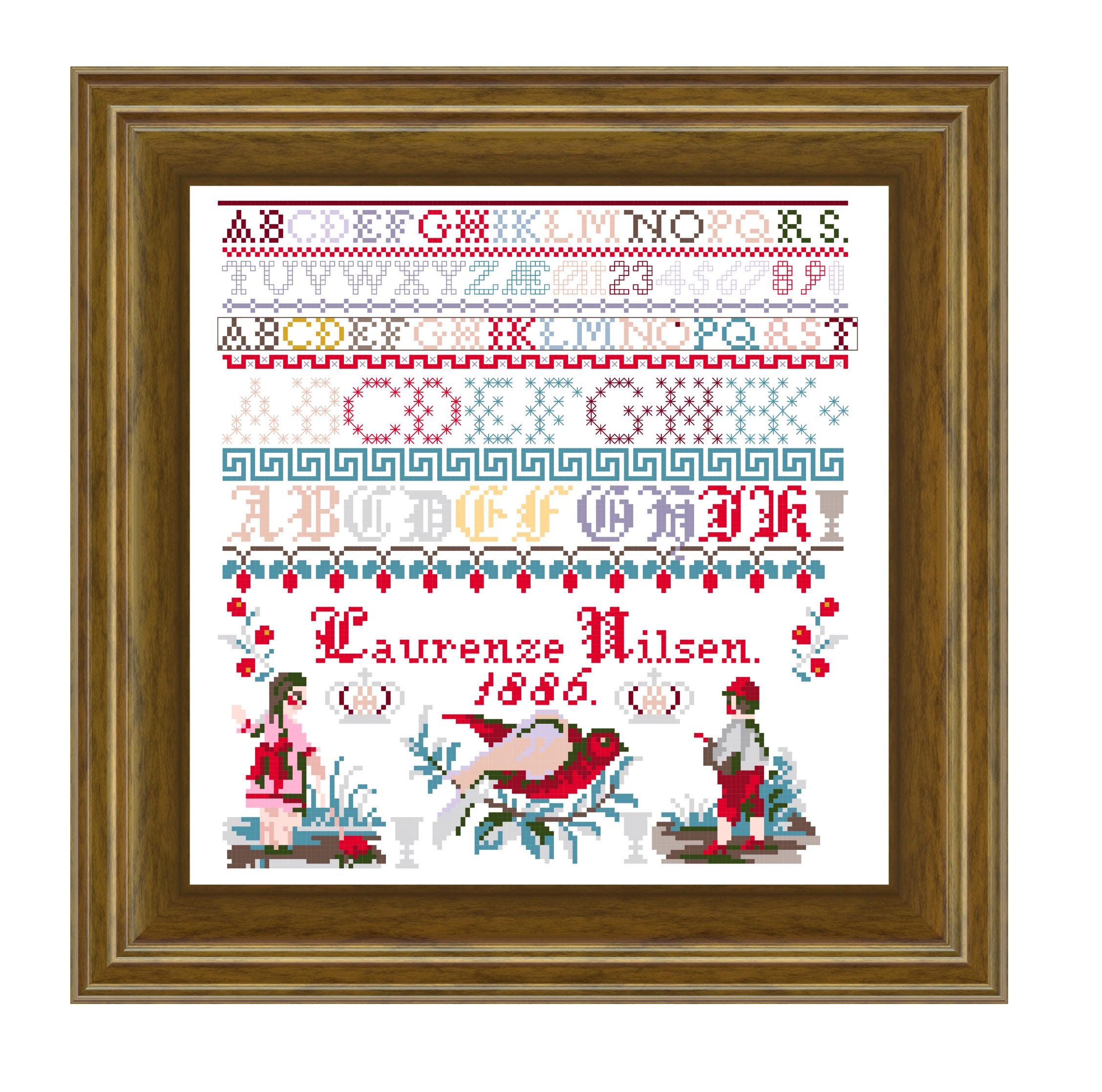 Laurenze Nilsen sampler. Cross stitch pattern. Instant download PDF.