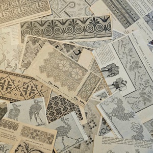 May include: A collection of vintage embroidery patterns printed on paper. The patterns feature various designs, including floral motifs, geometric shapes, and cross-stitch patterns. The paper is aged and has a yellowed tint. The text on the paper includes the words "Fig. 106" and "Fig. 107".