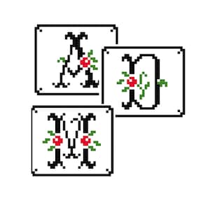 May include: Three pixelated images of letters, each in a black font, are displayed on a white background. The letters are "A", "D", and "M", each decorated with green leaves and red berries. The images are square and framed in black.