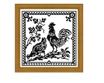 Gallo - Patrón de punto de cruz y crochet filete. Descarga instantánea en PDF.