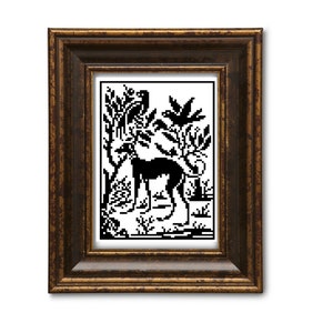 May include: Black and white illustration of a dog standing in a field of tall grass and flowers. The dog is facing to the right and has a long tail. The grass and flowers are stylized and abstract.