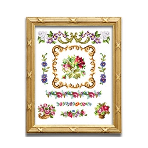 May include: A framed cross-stitch design featuring a variety of floral motifs, including roses, leaves, and vines. The design is in a traditional style with a gold frame.