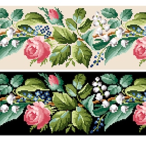 Spring bell pull.  Rose border cross stitch pattern. Instant download PDF.