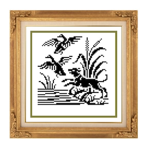 Dog and ducks. Cross stitch pattern. Filet crochet pattern. Instant download PDF.