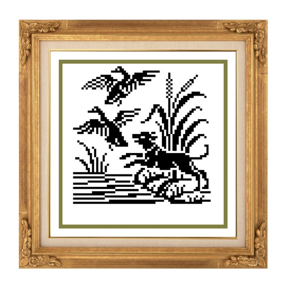 Dog and ducks. Cross stitch pattern. Filet crochet pattern. Instant download PDF.