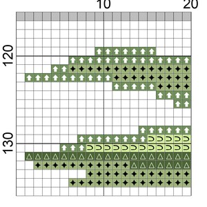 May include: Green, white, and black cross-stitch pattern with a geometric design. The pattern features a variety of shapes, including triangles, squares, and diamonds.