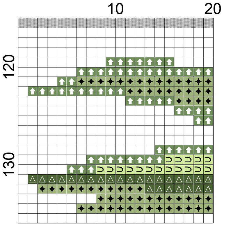 May include: Green, white, and black cross-stitch pattern with a geometric design. The pattern features a variety of shapes, including triangles, squares, and diamonds.