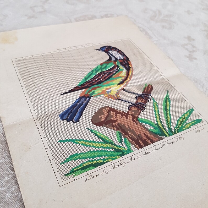 May include: A vintage cross-stitch pattern featuring a green, yellow, and blue bird perched on a brown branch with green leaves. The pattern is printed on a white paper with the text "&agrave; Paris chez Mallez, A&icirc;n&eacute; Editeur, Rue St. George, N&deg;29".