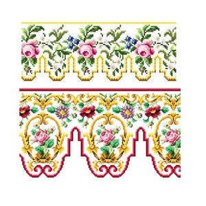 May include: Two rows of floral embroidery with red, pink, yellow, and green flowers. The top row has a scalloped edge and the bottom row has a more ornate design with gold accents.