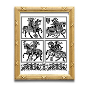 May include: Black and white embroidery design of four knights on horseback, each with a different shield design. The knights are in a square frame with a decorative border.