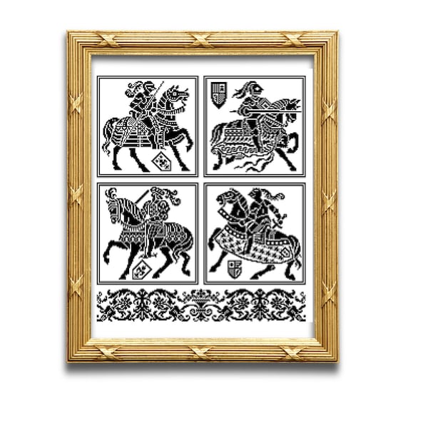 Les chevaliers . Pattern for filet crochet, cross stitch. Instant download PDF