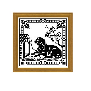Dog and kennel -  cross stitch pattern, filet crochet pattern. Instant download PDF.