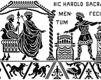 May include: Black and white illustration of a historical scene with two figures, one seated and one standing. The text "Hic Harold Sacramen Tum Fecit" is visible above the figures. The scene is framed by a decorative archway.