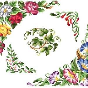 May include: Four corner floral embroidery designs featuring a variety of flowers, including roses, morning glories, and ivy. The designs are in shades of pink, red, yellow, blue, and green.