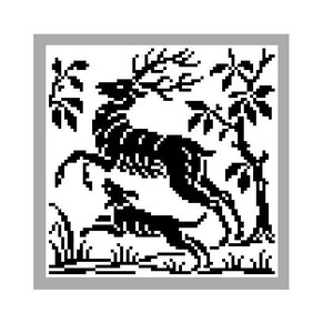Puede incluir: Ilustraci&oacute;n en blanco y negro de un ciervo con grandes cuernos saltando sobre un animal m&aacute;s peque&ntilde;o, posiblemente un perro, con un &aacute;rbol en el fondo.