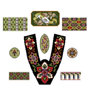 May include: A black and white embroidery design featuring floral motifs in shades of red, purple, and green. The design includes a central flower with four petals and smaller flowers surrounding it. The design is bordered by green leaves and vines.