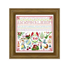 R.O. sampler. Cross stitch pattern. Instant download PDF.