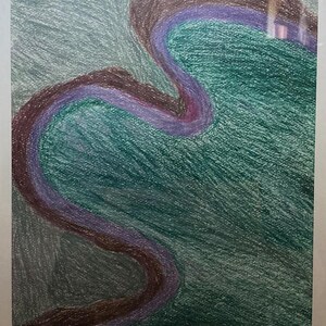 May include: Abstract art drawing with a green background and a brown, purple, and pink curved line.