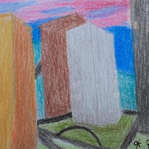 May include: A colorful abstract painting with three tall buildings in the foreground. The buildings are drawn in shades of yellow, brown, and gray. The background is a blue sky with pink and purple clouds.