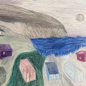 May include: A hand-drawn illustration of a coastal scene with a large gray cliff, a blue body of water, and a full moon in the sky. Seven small houses are scattered across the landscape, each with a different color.