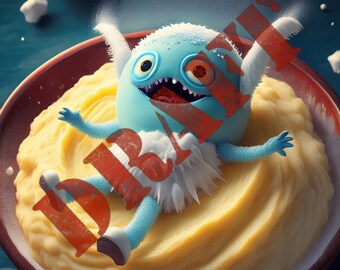 May include: A blue monster with a toothy grin is submerged in a bowl of yellow mashed potatoes. The monster has white fur and one red eye. The bowl is on a blue surface.