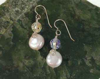 Wire Wrapped Freshwater Pearl and Crystal Earrings