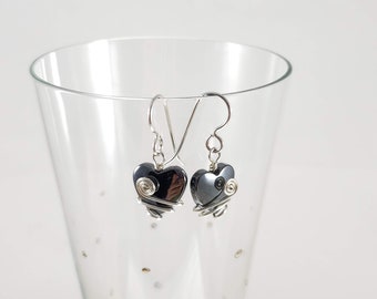 Wire-wrapped Hematite Heart Earrings