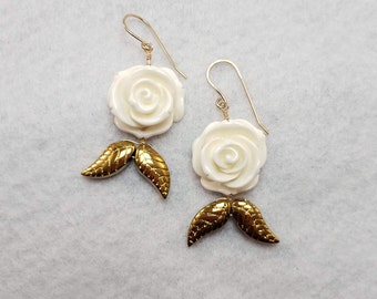 Rose and Gold Leaf Bridal Earrings