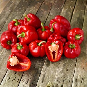 K&ouml;nnte beinhalten: Eine Ansammlung von leuchtend roten Paprika, einige ganz und andere halbiert, die ihr fleischiges Inneres zeigen. Die Paprika sind auf einer verwitterten Holzoberfl&auml;che angeordnet, was ihr frisches, nat&uuml;rliches Aussehen unterstreicht. Das Bild f&auml;ngt die satte Farbe und Textur des Gem&uuml;ses ein.
