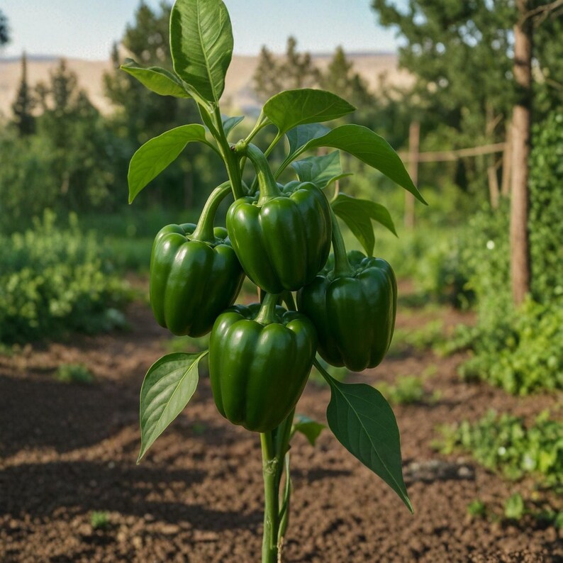 Pu&ograve; includere: Primo piano di una pianta di peperone verde con quattro peperoni maturi. I peperoni sono di un verde vibrante e crescono su un sottile stelo con foglie verdi. Lo sfondo &egrave; un giardino sfocato.