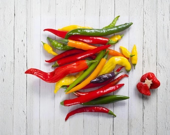 100 semillas de pimientos cayena arcoíris mixtos de variedades antiguas. Pimientos picantes y coloridos para plantar en el jardín.