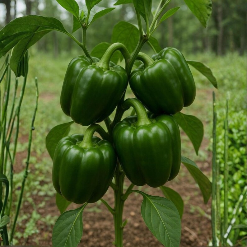 Pu&ograve; includere: Primo piano di una pianta di peperoni verdi con quattro peperoni maturi. I peperoni sono di un colore verde vibrante e crescono su uno stelo verde con foglie verdi. Lo sfondo &egrave; sfocato, mostrando un ambiente da giardino.