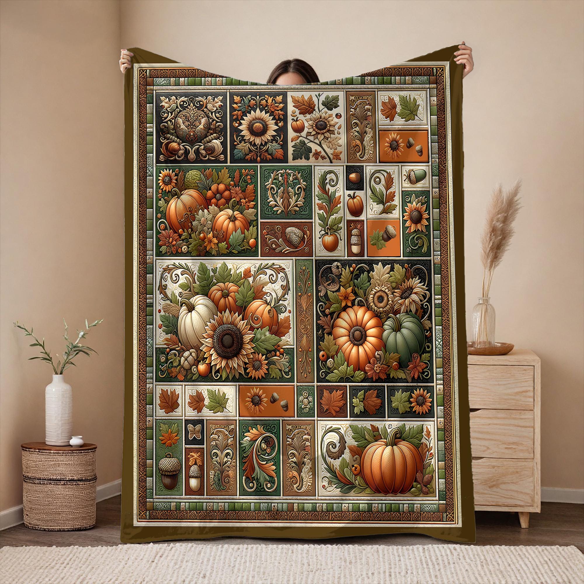 Fall Patchwork Blanket – Cozy Pumpkin Throw with Sunflowers & Acorns, 50x60 Velveteen Fleece Warm Thanksgiving Decor or gift