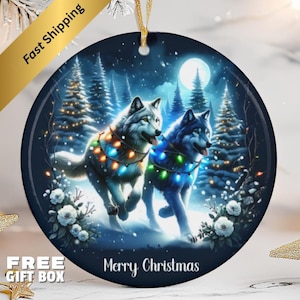 Wolf Christmas Ornament, Holiday Wolves with Lights, Winter Moon Scene, Glossy Round Ceramic Tree Decor, Wolf Lover Gift, Gift Box