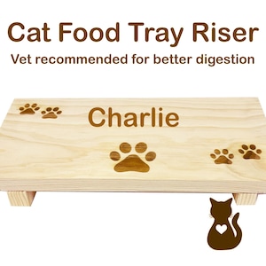 May include: A rectangular light-colored wooden cat food tray riser with four short legs. The top surface features the engraved name Charlie, five paw prints, and a cat silhouette with a heart cutout. Text reads Cat Food Tray Riser Vet recommended for better digestion.