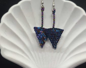 Iridescent Geometric Triangle Seed Bead Earrings | Handmade Oil Slick Dangles | Minimalist Futuristic Jewelry | Unique Statement Gift
