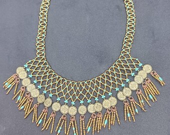 Ethnic Coin Choker Necklace | Handmade Bronze Seed Bead Jewelry | Turquoise Accent Bohemian Statement Piece | Vintage Festival Accessory
