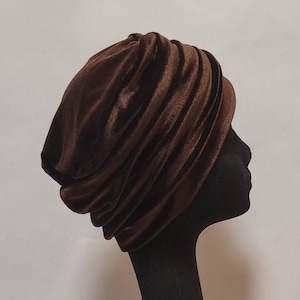 Womens Brown Stretch Velvet Hat, Slouchy Beanie Hat, Soft Scully Hat