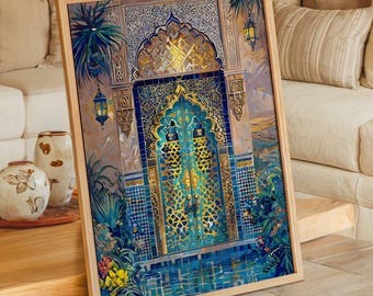Morocco Wall Art Painting Boho Watercolor Print, Maroc Arabesque Pattern, Moroccan Garden Lantern, Islamic Home Decor, Islamic Architecture