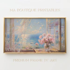 Frame TV Art Coastal Summer Floral Still Life, Samsung Frame TV Ocean View Download, Pink Flowers Cottagecore Pastel Decor, TV049